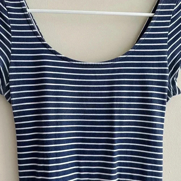 American Eagle Outfitters Blue and White Fit & Flare Dress w/ Crossed Open Back - Picture 6 of 16